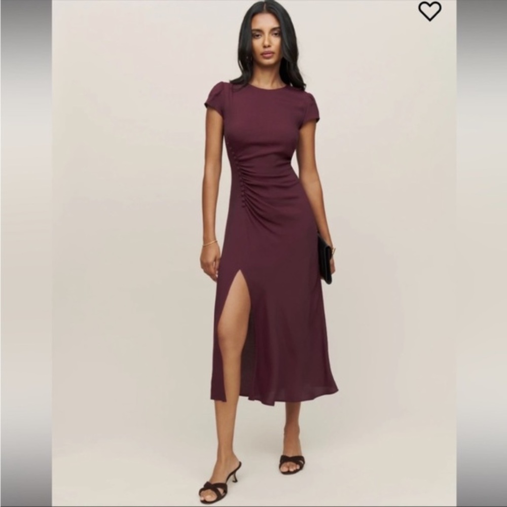 NEW 2 Reformation Frasier Midi Prune Maroon Short Sleeve Dress